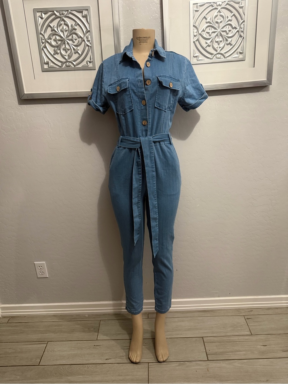 Haute Monde Light Blue Denim Tie-Waist Jumpsuit